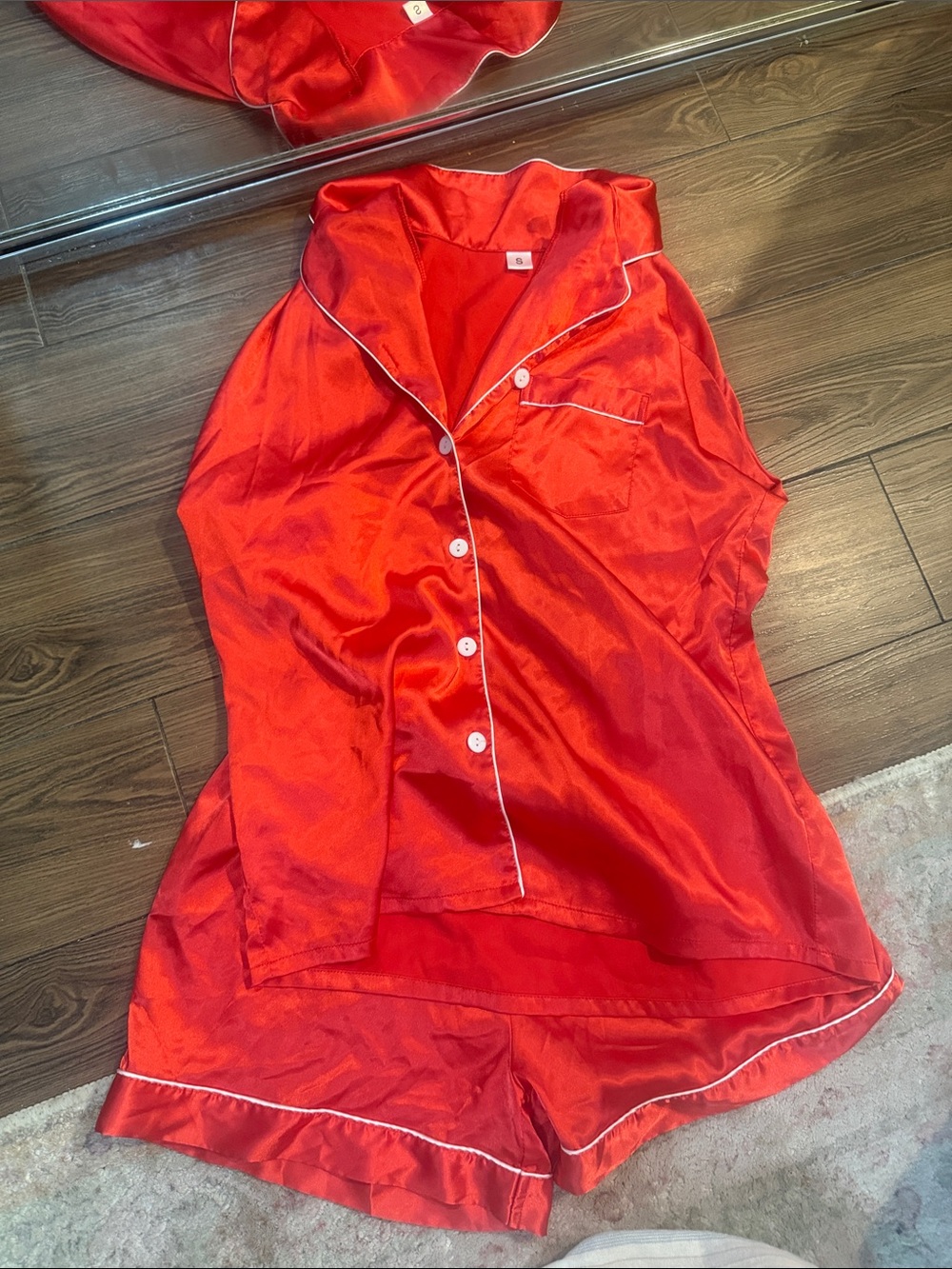 Women's Red Satin Pajama Set with Contrast Piping